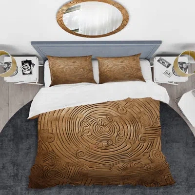 Design Art Gold Maze - Boho Feather Duvet Cover Set - Microfiber Polyester In Beige