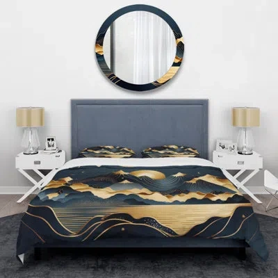 Design Art Gold Minimalist Mountains Ii - Minimalism Duvet Cover Set - Microfiber Polyester In Blue;gold