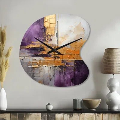 Design Art Gold Purple Abstract Fractal Iii - Fractals Unique Shape Metal Wall Clock, Modern Asymmetrical Wall  In Purple;gold