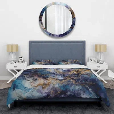 Design Art Gold Purple Captivating Liquid Ink I - Abstract Marble Duvet Cover Set - Microfiber Polyester In Purple;gold