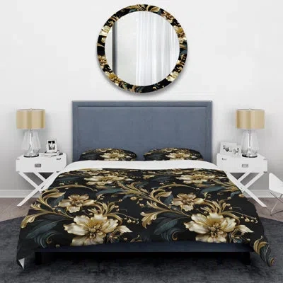 Design Art Gold Royal Flower Gardens Serenity Duvet Cover Set In Blue;black;gold