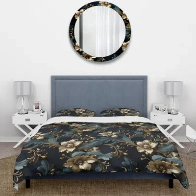 Design Art Gold Royal Flower Gardens Serenity I Duvet Cover Set In Blue;gold
