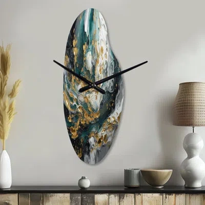 Design Art Gold Teal Ink On Stone - Abstract Curved Metal Wall Clock, Modern Asymmetrical Wall Clock Print In Gold;teal
