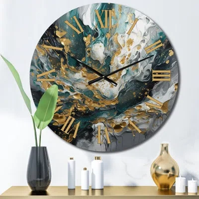 Design Art Gold Teal Ink On Stone Metal Wall Clock In Green;gray;gold