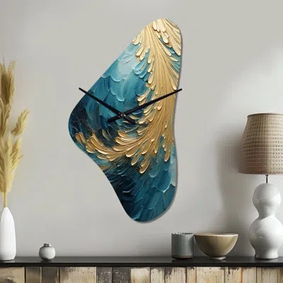 Design Art Gold Teal Ocean Spiral I - Abstract Spirals Unique Shape Metal Wall Clock, Modern Freeform Wall Cloc In Blue;gold