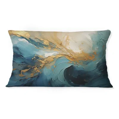 Design Art Gold Teal Ocean Spiral Iii - Abstract Spirals Printed Throw Pillow In Blue;gold