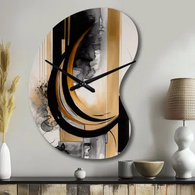 Design Art Gold Touch Art Deco Ii - Abstract Asymmetrical Metal Clocks, Black Irregular Shape Metal Wall Clock  In Black;gold
