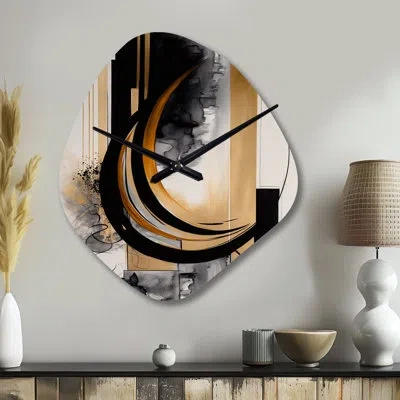 Design Art Gold Touch Art Deco Ii - Abstract Asymmetrical Metal Wall Clock, Modern Unique Shape Wall Clock Prin In Black;gold