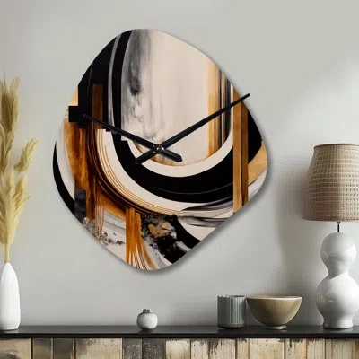 Design Art Gold Touch Art Deco Iv - Abstract Unique Shape Metal Wall Clock, Modern Asymmetrical Wall Clock Prin In Black;gold