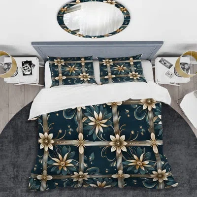 Design Art Gold Victorian Ornate Floral Elegance - Geometric Duvet Cover Set In Blue;gold