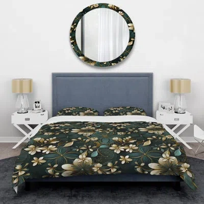 Design Art Gold Victorian Ornate Floral Elegance I - Geometric Duvet Cover Set In Gold;teal
