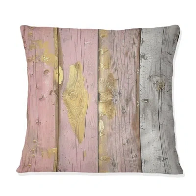 Design Art Gold Vintage Barnwood Charm Iii - Country Pillow In Pink;gold
