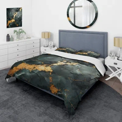 Design Art Golden And Green Terrazzo Marble Elegance Iii - Abstract Marble Duvet Cover Set In Green;gold