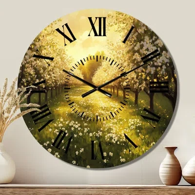 Design Art Golden Apple Blossom Orchard Light - Floral Silent Round Metal Wall Clock In Gold;orange