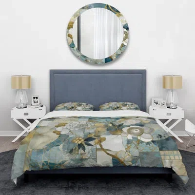 Design Art Golden Blue Marble Floral Design Ii - Floral Duvet Cover Set - Microfiber Polyester