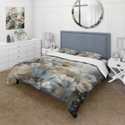 Design Art Golden Blue Silky Flower Design Ii - Floral Duvet Cover Set - Microfiber Polyester In Blue;gold