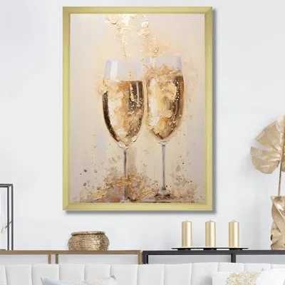 Design Art Golden Champagne In Glass Iii - Champagne Wall Art In Gold Single Picture Framed