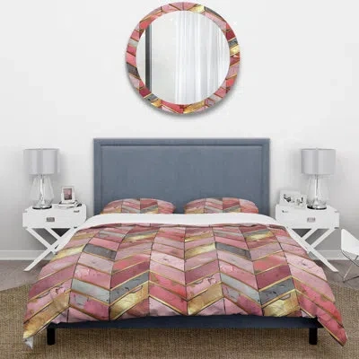 Design Art Golden Chevron Ix - Midcentury Duvet Cover Set In Pink;gold