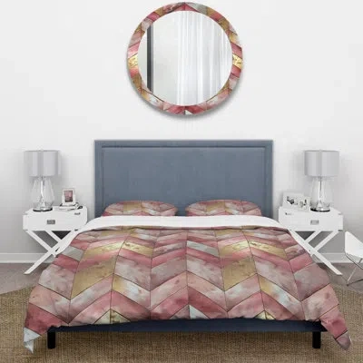 Design Art Golden Chevron Vii - Midcentury Duvet Cover Set In Pink;gold