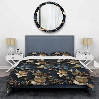 Design Art Golden Embellishments Ii Duvet Cover Set In Blue;gray;gold