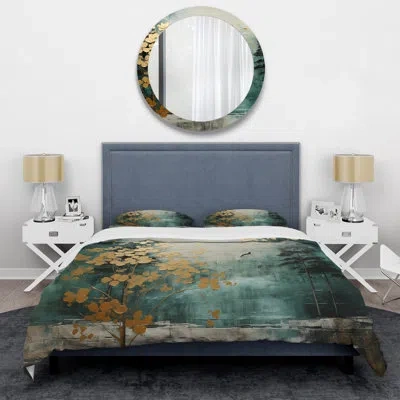 Design Art Golden Emerald Forest - Abstract Spirals Duvet Cover Set In Green;gold