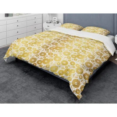 Design Art Golden Floral I - Glam Abstract Duvet Cover Set - Microfiber Polyester In Yellow