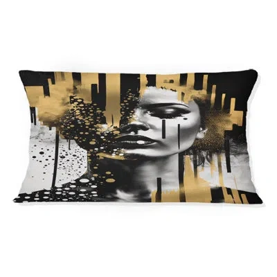 Design Art Golden Fluidity Of Womanhood Ii - Woman Abstract Printed Throw Pillow In Black;gold