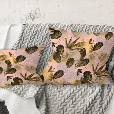 Design Art Golden Foliage Iii - Mid-century Modernprinted Throw Pillow In Black;gold