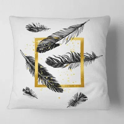 Design Art Golden Frame And Feathers - Bohemian & Eclectic Printed Throw Pillow In Black;black