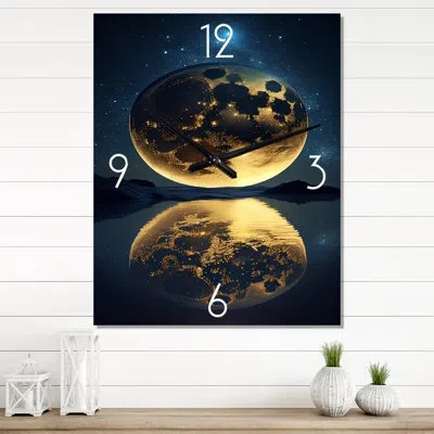 Design Art Golden Full Moon Beach Dream By Night Shore I - Beach Wall Clock