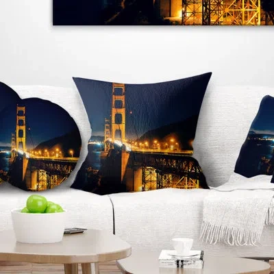 Design Art Golden Gate At Night - Pier & Bridge Printed Pillow In Red