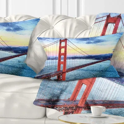 Design Art Golden Gate Bridge In San Francisco - Pier & Bridge Printed Pillow In Blue;orange