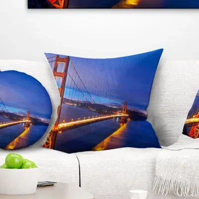 Design Art Golden Gate In Blue Background - Pier & Bridge Printed Pillow