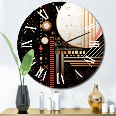 Design Art Golden Geometric Glam Full Moon - Modern Geometric Wall Clock In Pink;gold