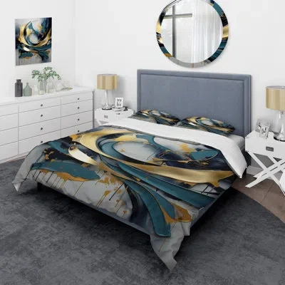 Design Art Golden Grey Abstract Fractal Whirls Of Serenity I - Abstract  Fractal Duvet Cover Set In Blue;gold