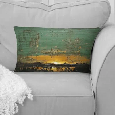 Design Art Golden Hour In The Ancient Gardens - Abstract Geometric Printed Throw Pillow In Green;gold