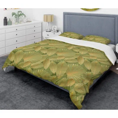 Design Art Golden Leaves I - Glam Abstract Duvet Cover Set - Microfiber Polyester In Yellow