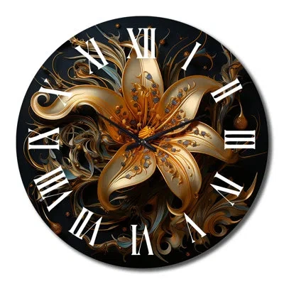 Design Art Golden Lily Flower Glam On Black I Metal Wall Clock In Black;gold