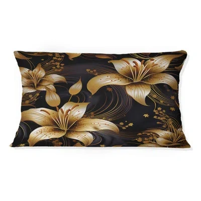 Design Art Golden Lily Flower Glam On Black Ii - Lily Printed Throw Pillow