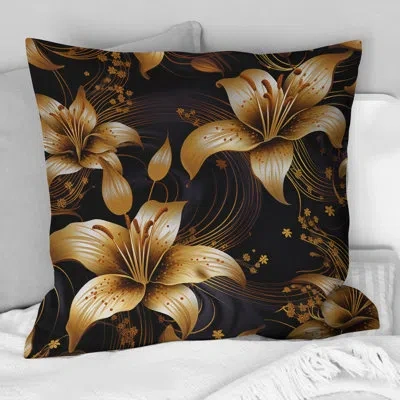 Design Art Golden Lily Flower Glam On Black Ii - Lily Printed Throw Pillow