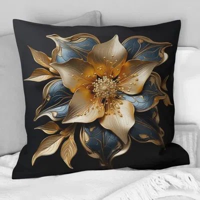Design Art Golden Lily Flower Glam On Black - Lily Printed Throw Pillow