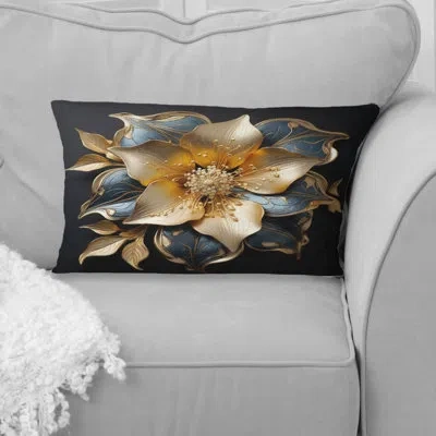 Design Art Golden Lily Flower Glam On Black - Lily Printed Throw Pillow
