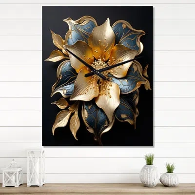 Design Art Golden Lily Flower Glam On Black - Lily Wall Clock Oversized