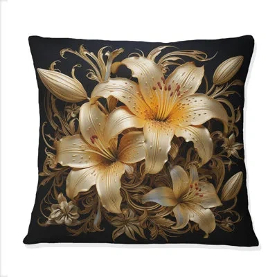 Design Art Golden Lily Flower Glam On Black V - Lily Printed Throw Pillow