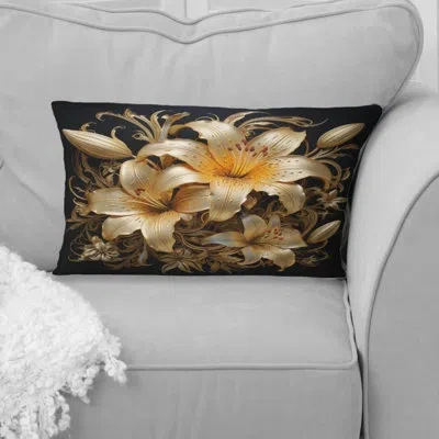 Design Art Golden Lily Flower Glam On Black V - Lily Printed Throw Pillow