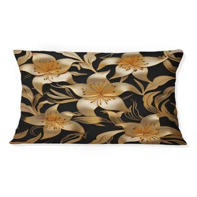 Design Art Golden Lily Flower Glam On Black Vii - Lily Printed Throw Pillow