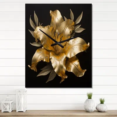 Design Art Golden Lily Flower Glam Vi - Lily Wall Clock Oversized