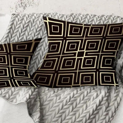 Design Art Golden Luxury Geometricsxii - Mid-century Modernprinted Throw Pillow In Black