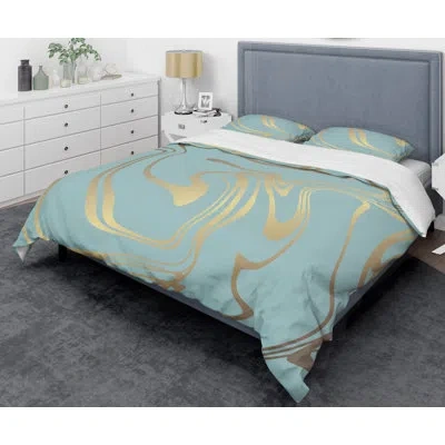 Design Art Golden Marble Design I - Glam Abstract Duvet Cover Set - Microfiber Polyester In Blue,golden