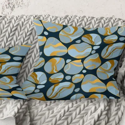 Design Art Golden Marble Design Iv - Mid-century Modernprinted Throw Pillow In Blue